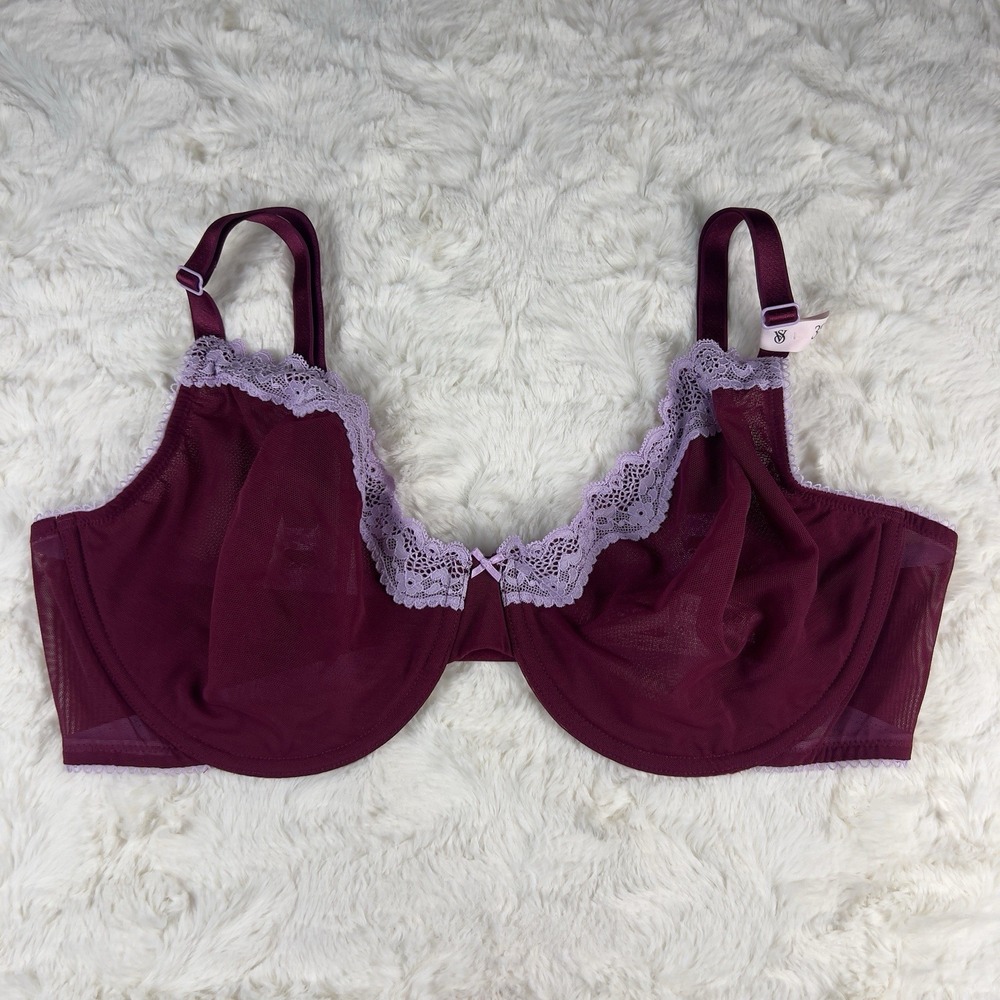 Victoria's Secret‎ Tease Unlined Demi Bra 32DDD Burgundy Mesh Purple Lace NWT